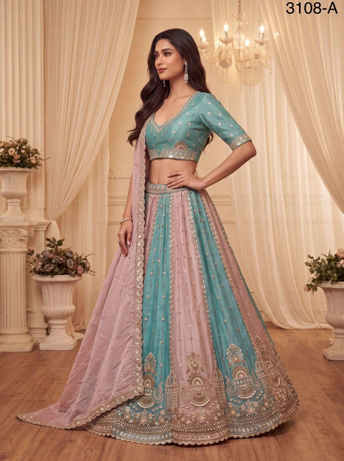 Partywear pastel Color beautiful Satin Silk fancy fabric Lehenga Choli reseller in surat 3108